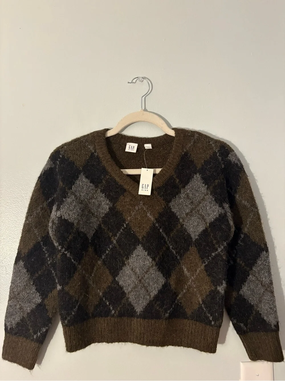 GAP Kids Brown Black and Gray Argyle V‑Neck Wool Boys Sweater
